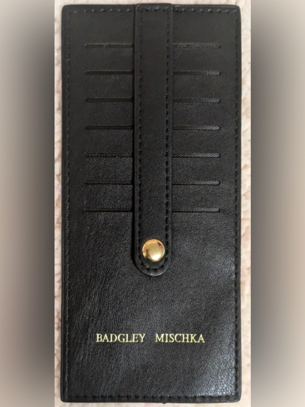 Badgley Mischka Black Leather Card & Key Holder with Gold Snap
